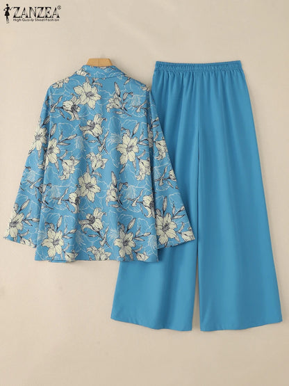 ZANZEA Autumn Vintage Pant Sets Women Fashion 2 Piece Outfits 2025 Elegant Long Sleeve Print Tops and Elastic Waist Pants 2pcs Badiee Stylez