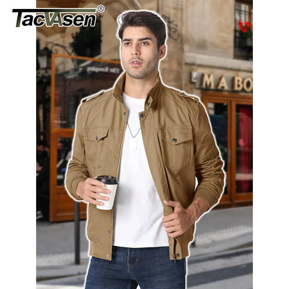 TACVASEN Full Zip Cargo Jacket Mens Retro Stand Collar Pilot Jacket Spring Autumn Lightweight Bomber Jacket Casual Outwear