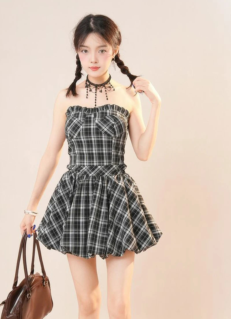 Y2K Plaid Mini Dress Women Vintage Backless Patchwork Slim Dress Summer Sexy Bodycon Strapless Aesthetic Lady Vestidos Badiee Stylez
