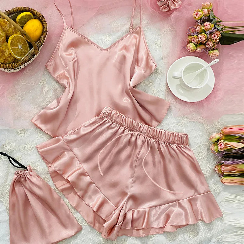 Spring Summer New Women Pajama Four Piece Suit Sleepwear Silky Satin Kimono Bathrobe Trouser Suits Loose Home Clothes Loungewear Pink Shorts Set B