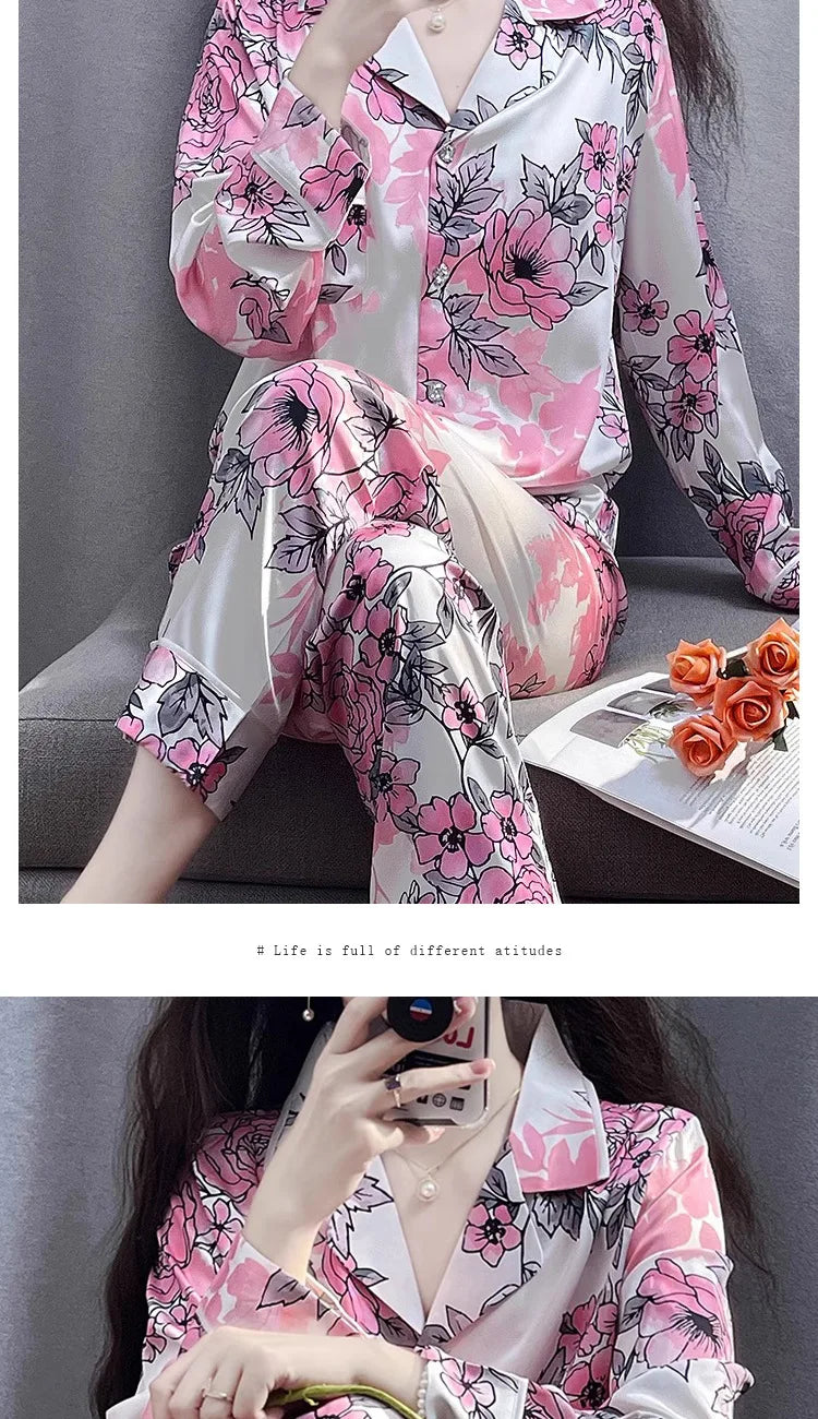 Korean Style Women's Two-piece Pajamas Sets Fashion Flower Print Faux Silk Satin Sleepwear Female Long Sleeve Pants Housewear