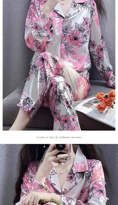 Korean Style Women's Two-piece Pajamas Sets Fashion Flower Print Faux Silk Satin Sleepwear Female Long Sleeve Pants Housewear