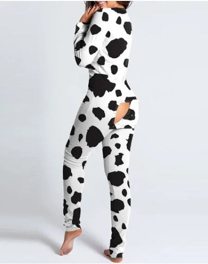 Sexy Pyjama Women's Jumpsuit Suit Button-down Front Back Butt Bum open Ass Flap Jumpsuit Loungewear Christmas Print Buttoned Leopard print