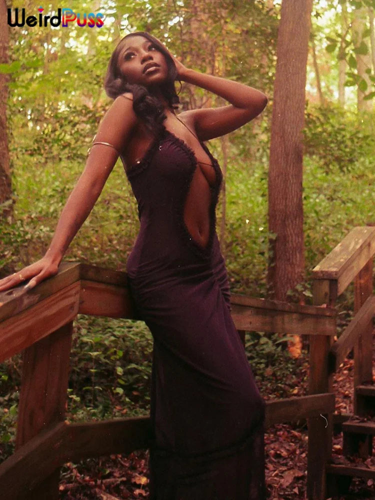 Weird Puss Side Split Women Dress Spaghetti Strap Halter Neck Edible Tree Fungus Hollow Out Sexy Evening Party Ladies Vestido