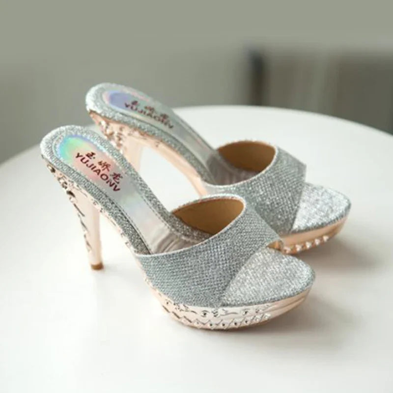Summer Women Sandals Rhinestone Women Shoes Sexy High Heels Shoe Ladies Sandalias Gold Silver Women Slippers Heeled Sandals Sexy sliver