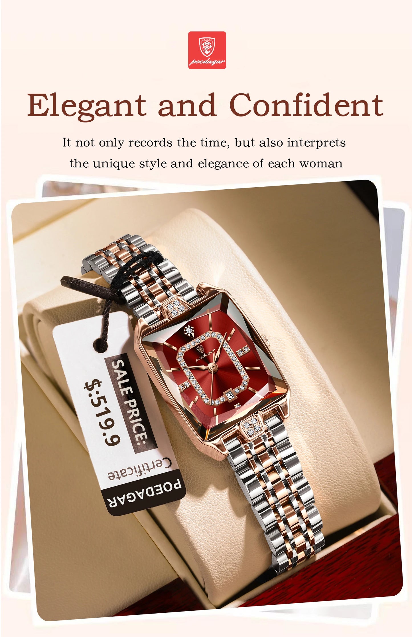 POEDAGAR Luxury Watch For Woman Elegant Waterproof Calendar Ladies Watch Rectangle Stainless Steel Quartz Women's Watches Female