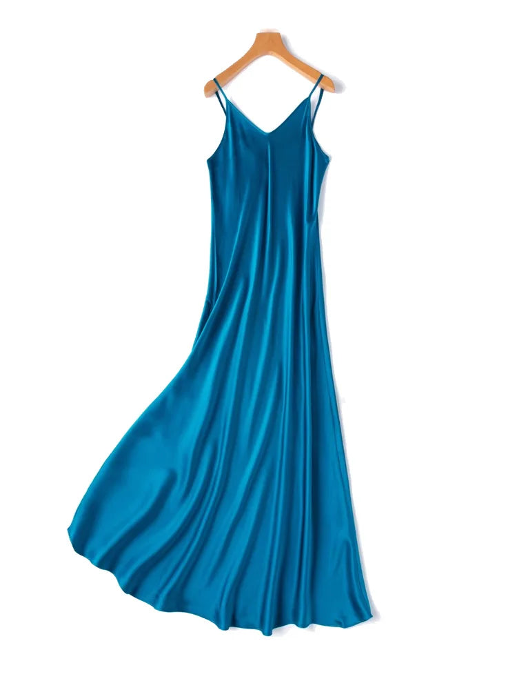 SuyaDream Woman Long Dress, 100%Real Silk, V Neck, Solid Spaghetti Strap Dresses, 2025 Elegant Chic Clothes Badiee Stylez