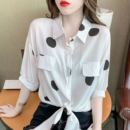 Fashion Lapel Loose Bandage Bow Polka Dot Shirt Women's Clothing 2025 Summer New Oversized Casual Tops Half Sleeve Korean Blouse