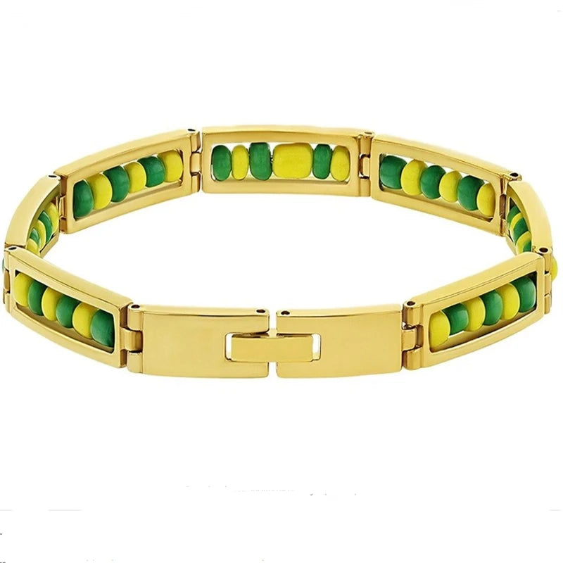 Wholesale New Arrival Stainless Steel Jewelry Green and Yellow Color Orula Elegua Bracelet Mix Beads Unisex Bangle For Women Men Badiee Stylez
