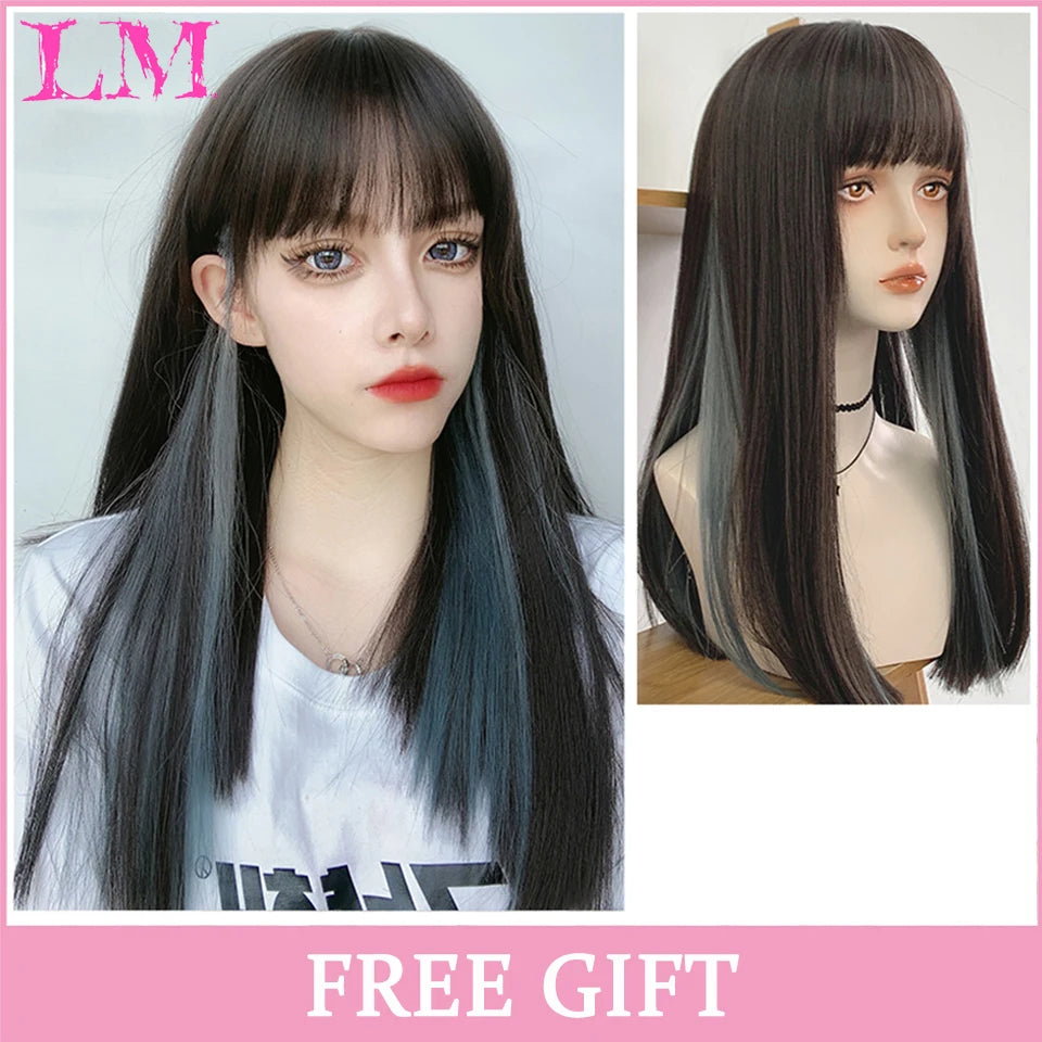 LM Long Silky Straight Synthetic Wigs with Bangs Black Cosplay Party Lolita Hair Wigs for Women Natural Heat Resistant Wig P4 27