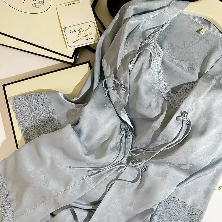 New Chinese Style 2PCS Robe Nightgown Set Sleepwear Sexy Lace Suspender Nightdress Loungewear Jacquard Satin Bathrobe Homewear Badiee Stylez