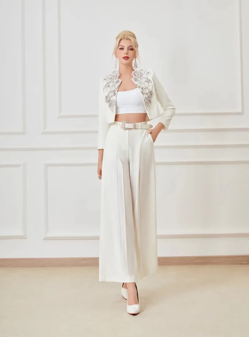 Elegant Office Ladies Designer Handmade Diamonds Slim Fit Short Jacket Hgih Waist Wide Leg Pants Women Two Piece Set Size S-5XL Badiee Stylez