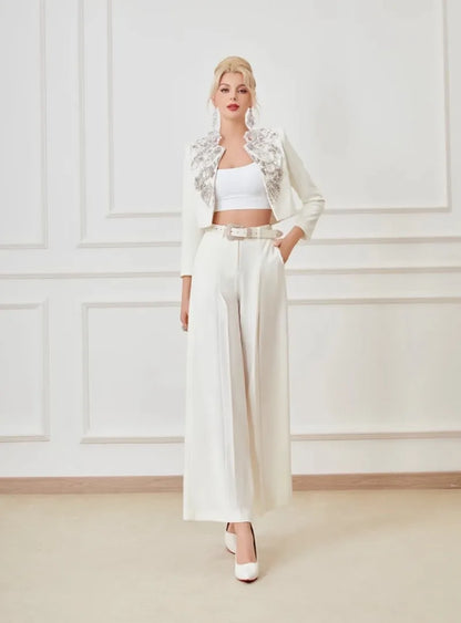 Elegant Office Ladies Designer Handmade Diamonds Slim Fit Short Jacket Hgih Waist Wide Leg Pants Women Two Piece Set Size S-5XL Badiee Stylez