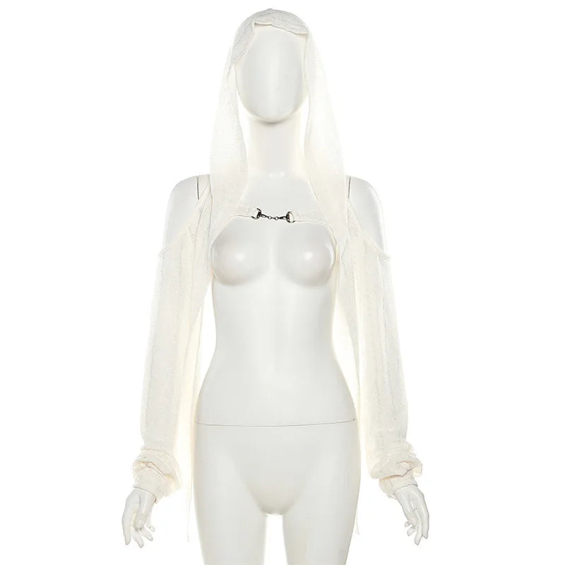 Goth Dark Open Shoulder Techwear Y2k Crop Cardigans Mall Gothic Hooded Sexy Women Crop Tops Punk Grunge Buckle Streetwear Shirts