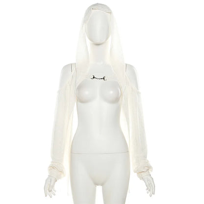 Goth Dark Open Shoulder Techwear Y2k Crop Cardigans Mall Gothic Hooded Sexy Women Crop Tops Punk Grunge Buckle Streetwear Shirts