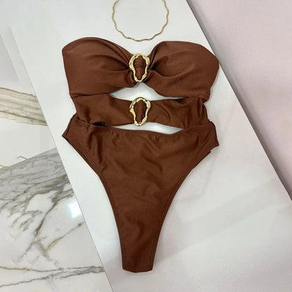 3 Colors Sexy Metal Rings Cut Out Women Swimwear One Piece Swimsuit Female Bandeau High Leg Cut Bather Bathing Suit Swim B022D B024D