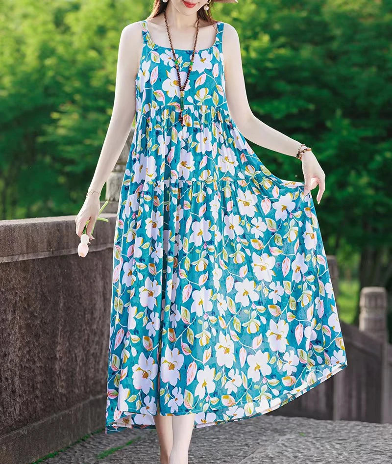 New Fashion Casual 2025 Summer Elegant Dresses For Women O-Neck Print Vintage Sleeveless Dress Loose Women Clothing