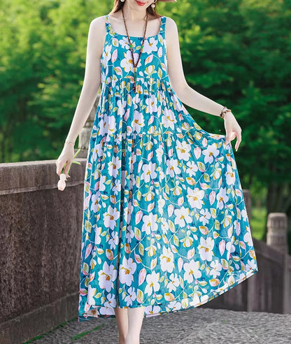 New Fashion Casual 2025 Summer Elegant Dresses For Women O-Neck Print Vintage Sleeveless Dress Loose Women Clothing