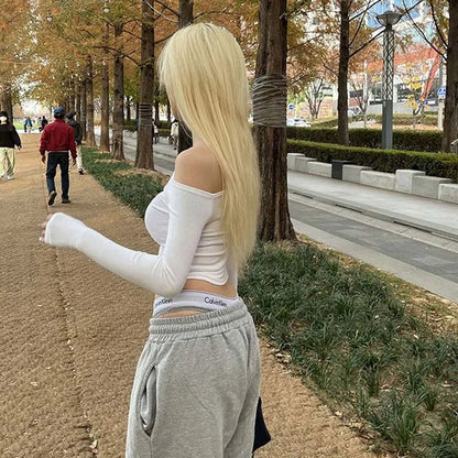 Sexy Slash Neck T Shirt Women Cotton Long Sleeves Cropped Tee Shirt Femme Slim T-shirt Female Black White Tops 2024