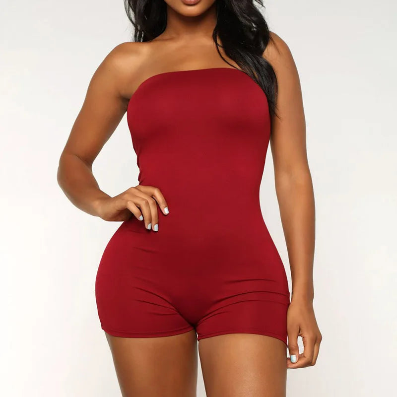 Women Strapless Jumpsuit Tube Bodysuit Bodycon Short Romper Catsuit Clubwear Red S