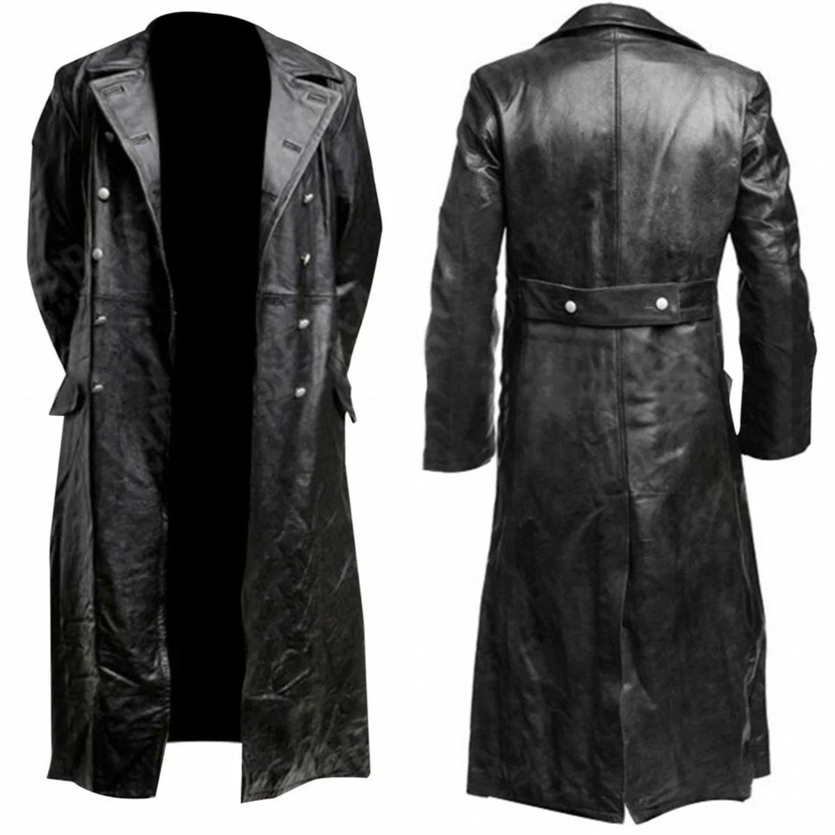 MEN'S GERMAN CLASSIC WW2 MILITARY UNIFORM OFFICER BLACK LEATHER TRENCH COAT - Badiee Stylez