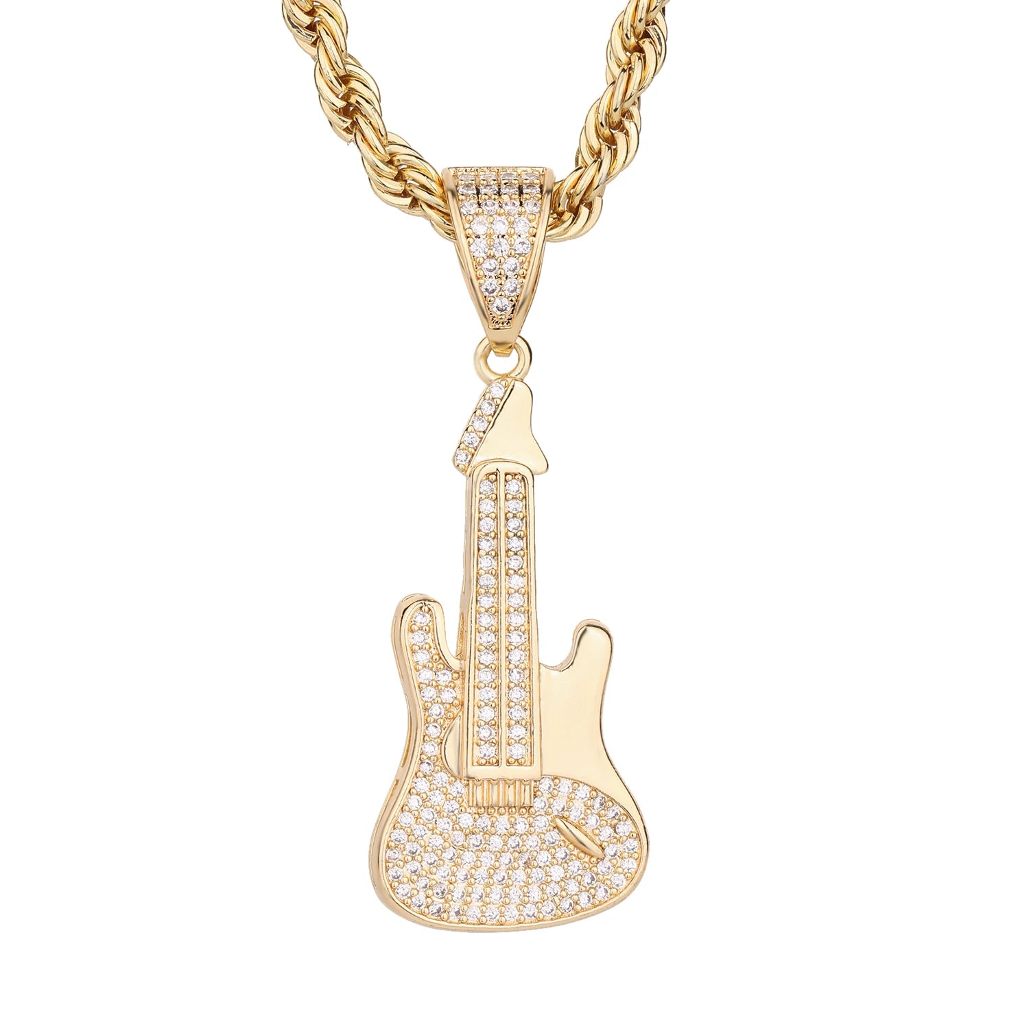 ‌Brass Guitar Pendant Necklace 14K Gold Plated with Zircon Stones Y2K Minimalist Musical Jewelry Hot Trendy Accessory Chainless