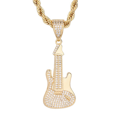‌Brass Guitar Pendant Necklace 14K Gold Plated with Zircon Stones Y2K Minimalist Musical Jewelry Hot Trendy Accessory Chainless
