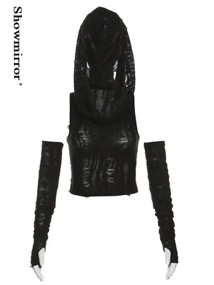 Sexy gothic teachwear Crop Top hooded Women Aesthetic T-shirts Y2K Retro Hooded Tops Streetwear Punk Tee Shirt Hottie clothes black