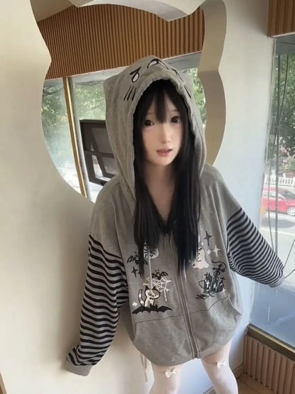 Cat Ear Hooded Sweatshirts Jackets Women Clothing Y2k Tops Patchwork Striped Anime Hoodie Ropa Mujer Casual Fashion Hoodies Coat