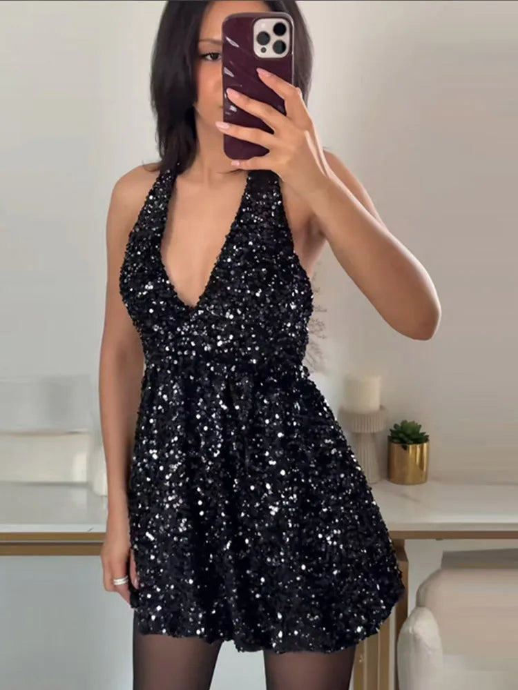 Sexy Sequins Short Black Party Dresses for Women Halter V Neck Backless Sparkly Ruffles Woman Mini Dress 2025 New Club Gowns