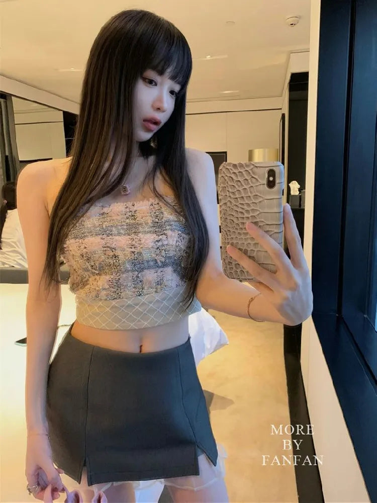 Sexy Camis Plaid Chic tube top Slim Korean Tanks Top Sleeveless Elegant Crop Top Summer Women Bustier