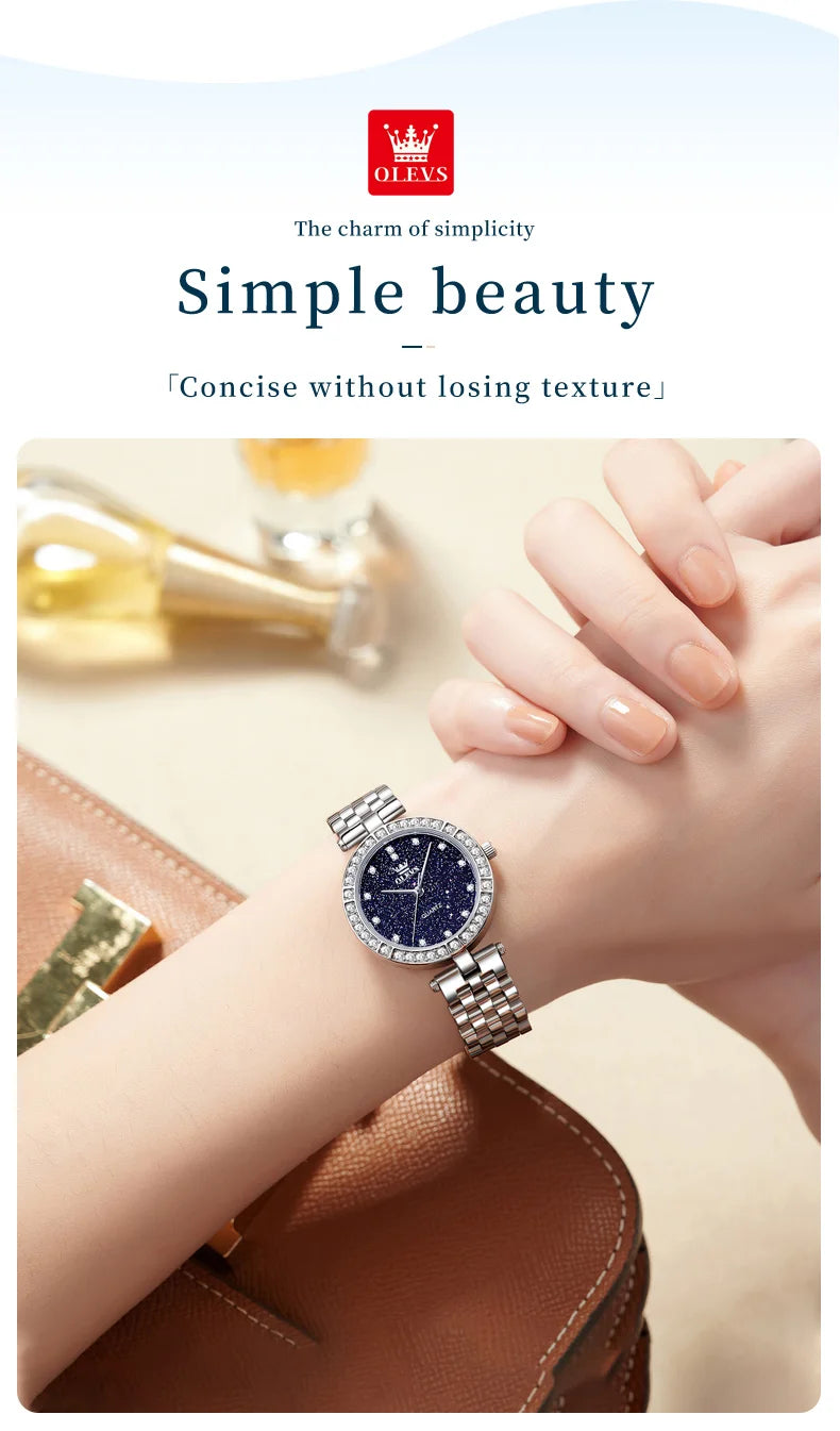 OLEVS 3641 Women Watch Elegant Quartz Watch Starry Dial Waterproof Luminous Diamond Bezel Ladies Watch Bracelet Set Ladies' Gift
