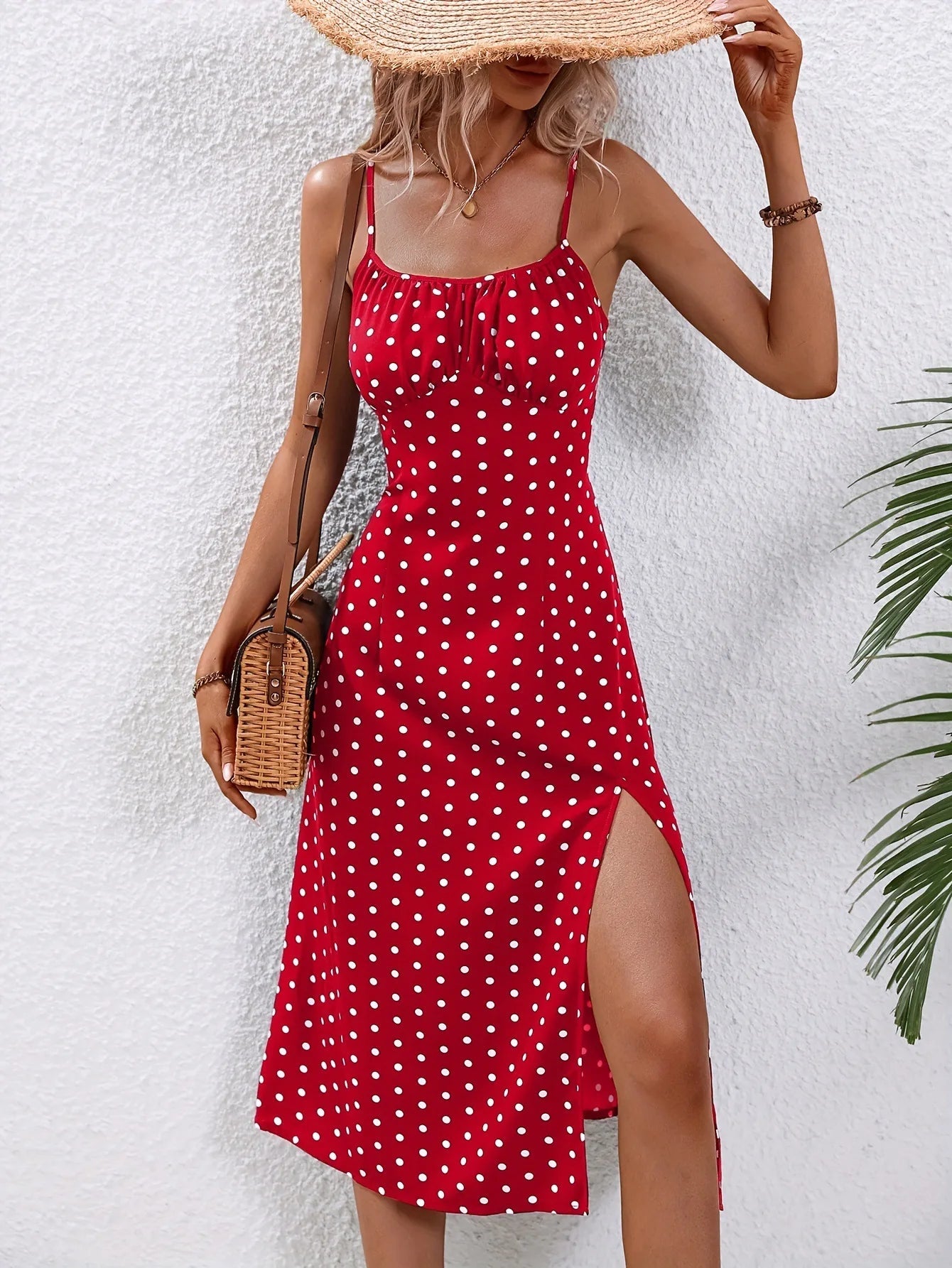 2024 Summer Sexy Spaghetti Straps Dress Women Fashion Polka Dot Print Sleeveless Slit Dress Boho Casual Beach Midi Dresses Badiee Stylez