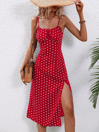 2024 Summer Sexy Spaghetti Straps Dress Women Fashion Polka Dot Print Sleeveless Slit Dress Boho Casual Beach Midi Dresses Badiee Stylez