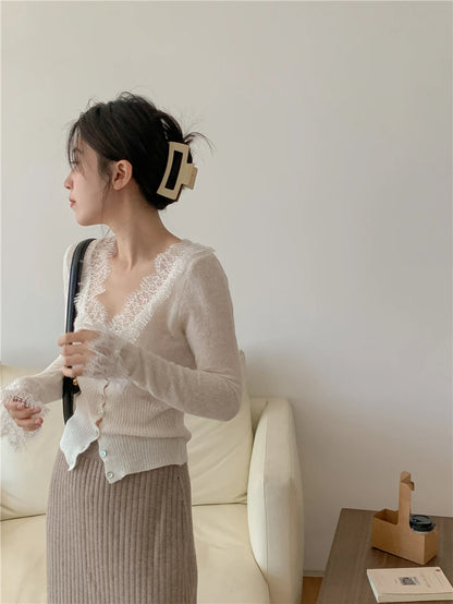 High-fashion Kawaii Botton Up Lace Patchwork Knitted Cardigan Women Autumn Winter Ladies Elegant Vintage Sweater Cheap Wholesale