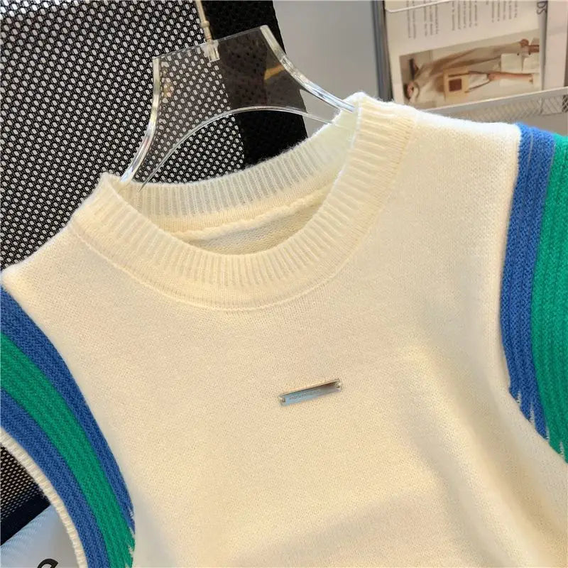 Summer New Fashion Patchwork Knitted Tanks Women Vintage Loose O-neck Soft Comfortable Casual Sleeveless Tops