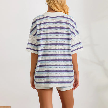 Knitted Women Two Piece Shorts Outfits Loungewear Suits Stripe Contrast Color Button Crochet Tops and Shorts Matching Sets