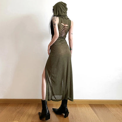 Xingqing Grunge Dress y2k Women Clothes Solid Color Sleeveless Hollow Out Back Slit Hooded Dress 2000s Halloween Party Dresses