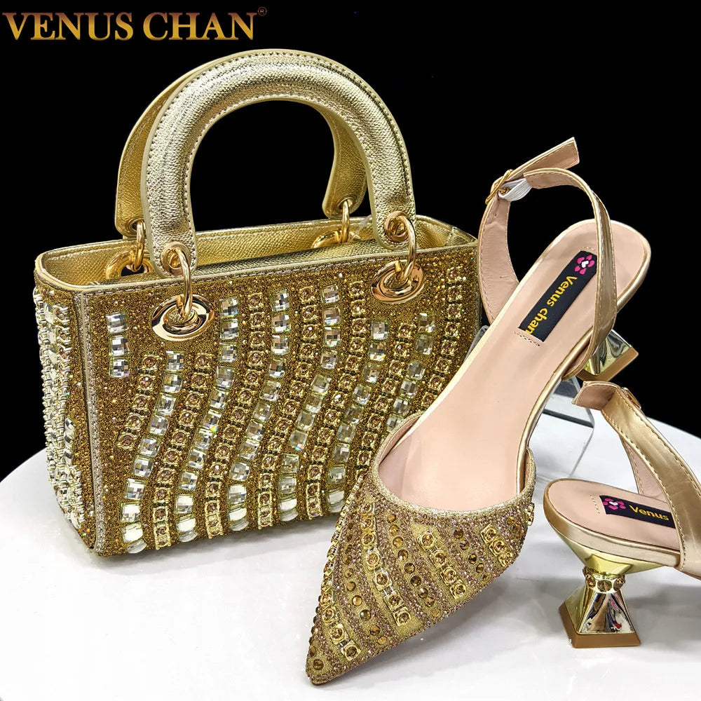 2025 Luxurious Italian Women's Party Shoes & Bag Set – Elegant Golden Rhinestone Spring/Summer Sandals with Pointed High Heels f
