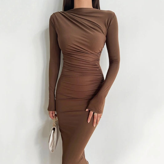 Sexy Bodycon Long Sleeve Midi Dress Women 2024 Autumn Slim Solid Party Package Hip Elegant Dresses For Women Robe Femme