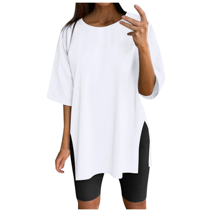 Extra Long Tops Women Oversize Sports Short Sleeve Blouses Summer Loose Tops Crew Neck Solid Large Size Side Split Pullover