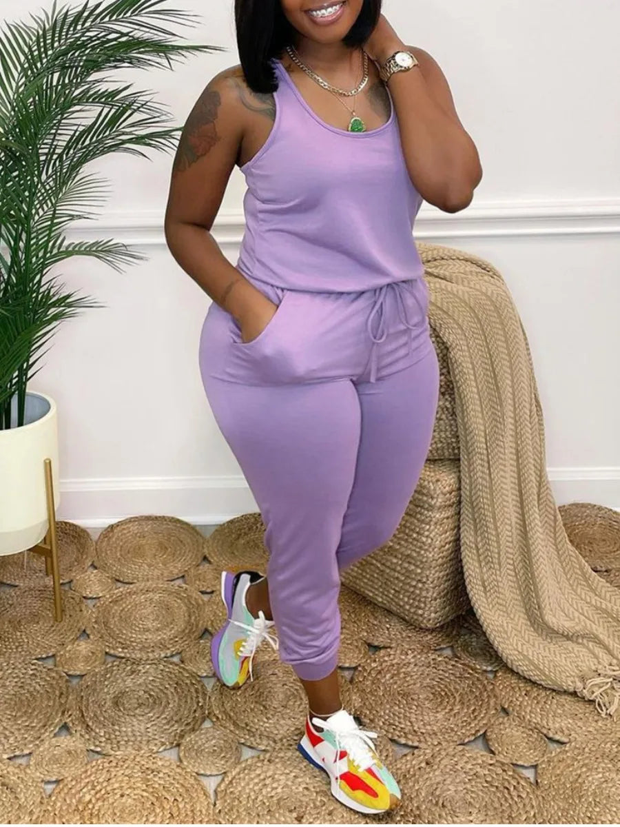 LW Women's Big Size Jumpsuit 2025 Spring Summer Plus Size Drawstring Cami One Piece Jumpsuits Women Full Length Romper Woman PURPLE