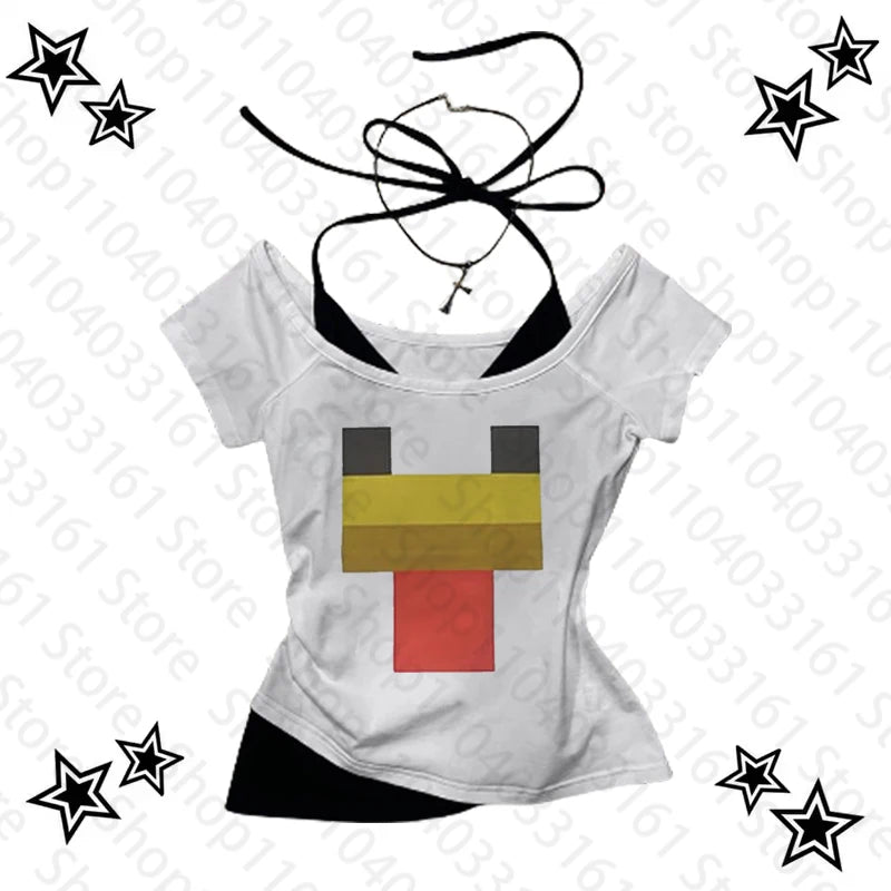 Harajuku Streetwear Sweet Girls Sexy T-Shirts Graphic 2000s Cute Womens Printed Aesthetic Fairy Off shoulder top Y2k Clothes WHITE