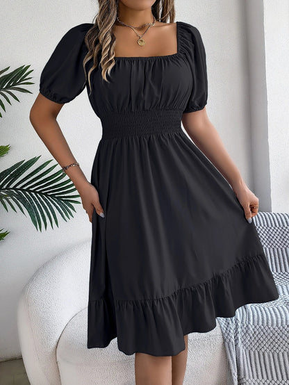 Spring and Summer Elegant High Waisted Dress Square Neck Short Sleeved Ruffled Edge Long Dresses for Women Badiee Stylez