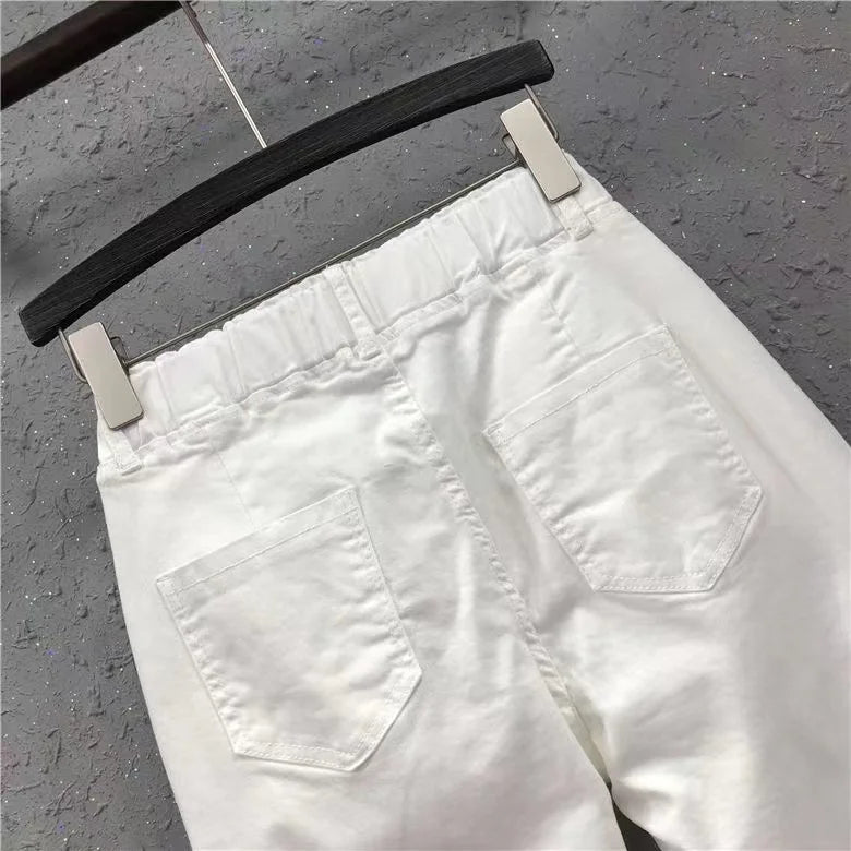 New Spring Summer Women Casual Harem Pants All-matched Casual Cotton Denim Pants Elastic Waist Solid Yellow White Jeans Female