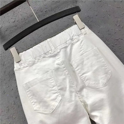 New Spring Summer Women Casual Harem Pants All-matched Casual Cotton Denim Pants Elastic Waist Solid Yellow White Jeans Female