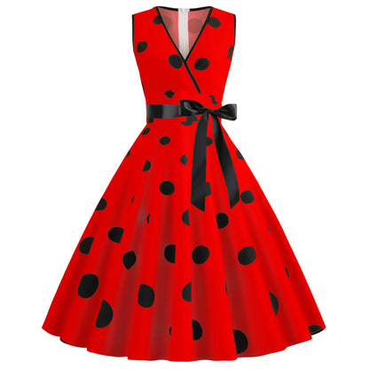 Summer V-neck sleeveless polka dot lace-up waist tucked vintage swing dress