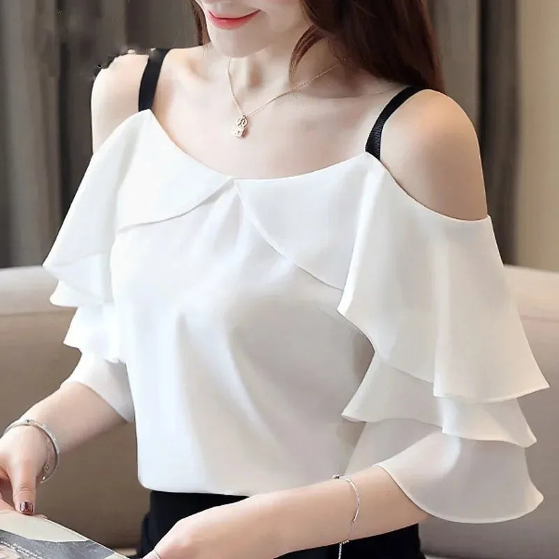 Women Tops and Blouses 2024 Summer Chiffon Shirt Casual Off-shoulder Butterfly Short Sleeve Clothes Blusas Mujer De Moda 3571 50 WHITE