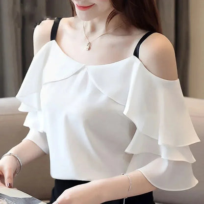 Women Tops and Blouses 2024 Summer Chiffon Shirt Casual Off-shoulder Butterfly Short Sleeve Clothes Blusas Mujer De Moda 3571 50 WHITE