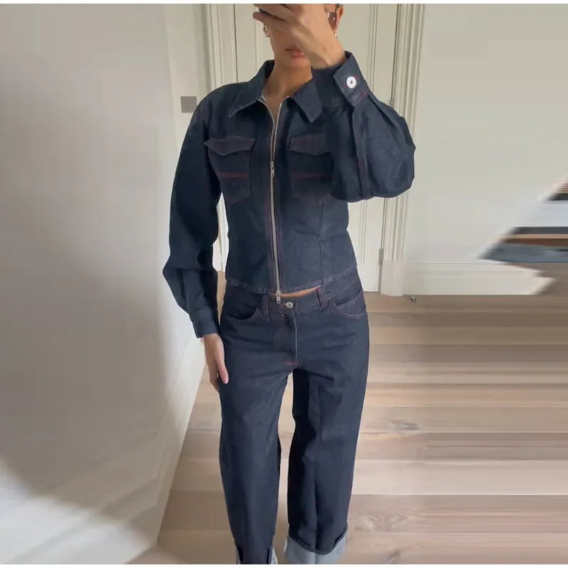 Lapel Zipper Denim Jackets Pants Sets Women Casual Pockets Short Jackets Suit With High Waist Jeans Lady Chic High Street Outfit